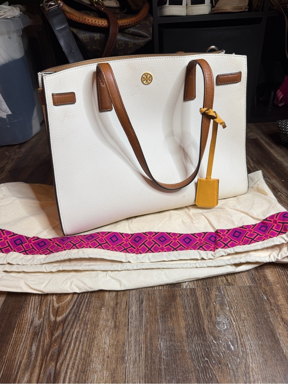Tory Burch White Pebbled Leather Tote with Brown Trim and Yellow Tag